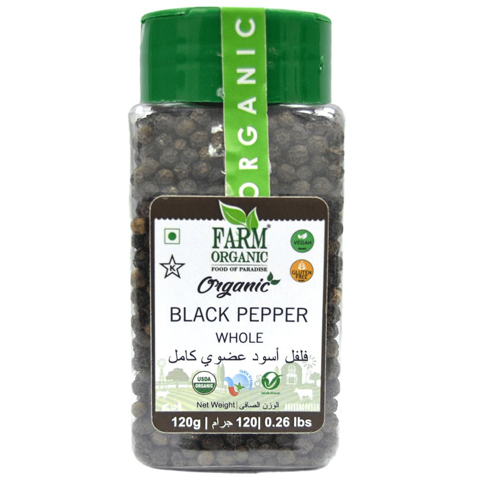 Farm Organic Gluten Free Black Pepper Whole -120g herbs Organichub   