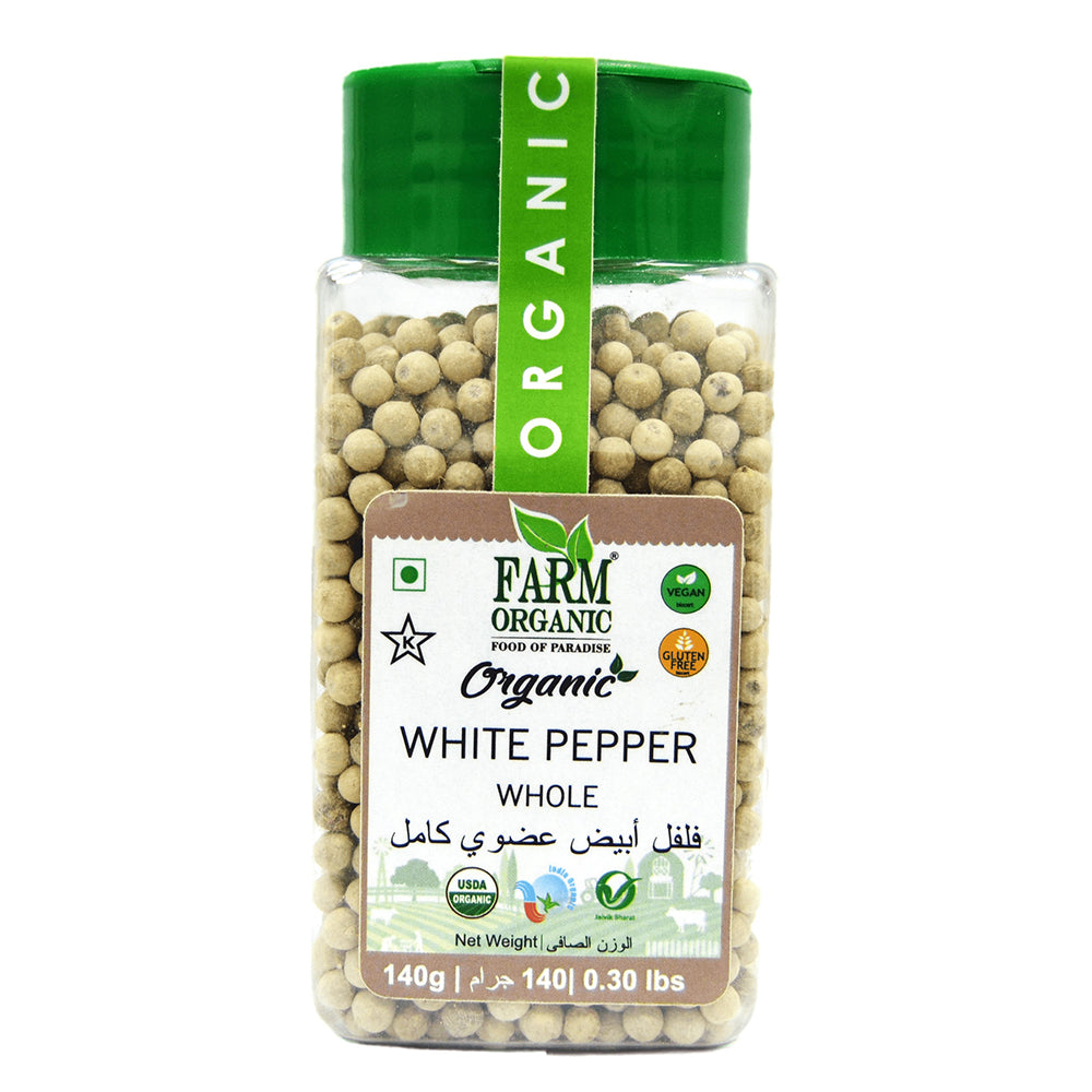 Farm Organic Gluten Free White Pepper Whole - 140g herbs Organichub   